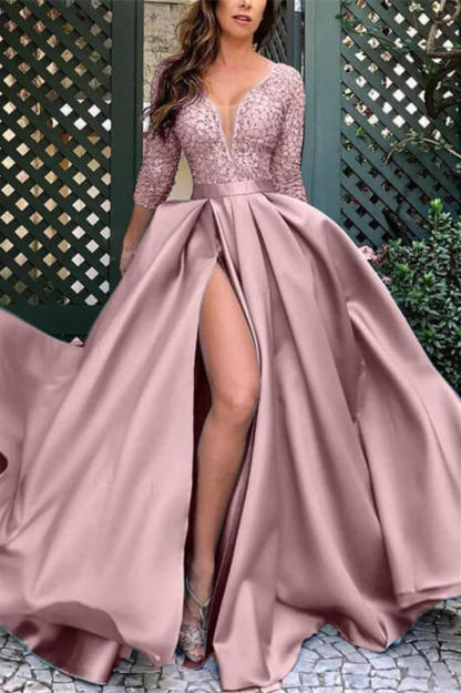Elegant Deep V Neck 3/4 Sleeves Satin Prom Dress Long Split With Belt