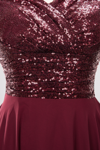 BMbridal Chic Sequined Top V-Neck Sleeveless Burgundy Bridesmaid Dresses Online-BMbridal