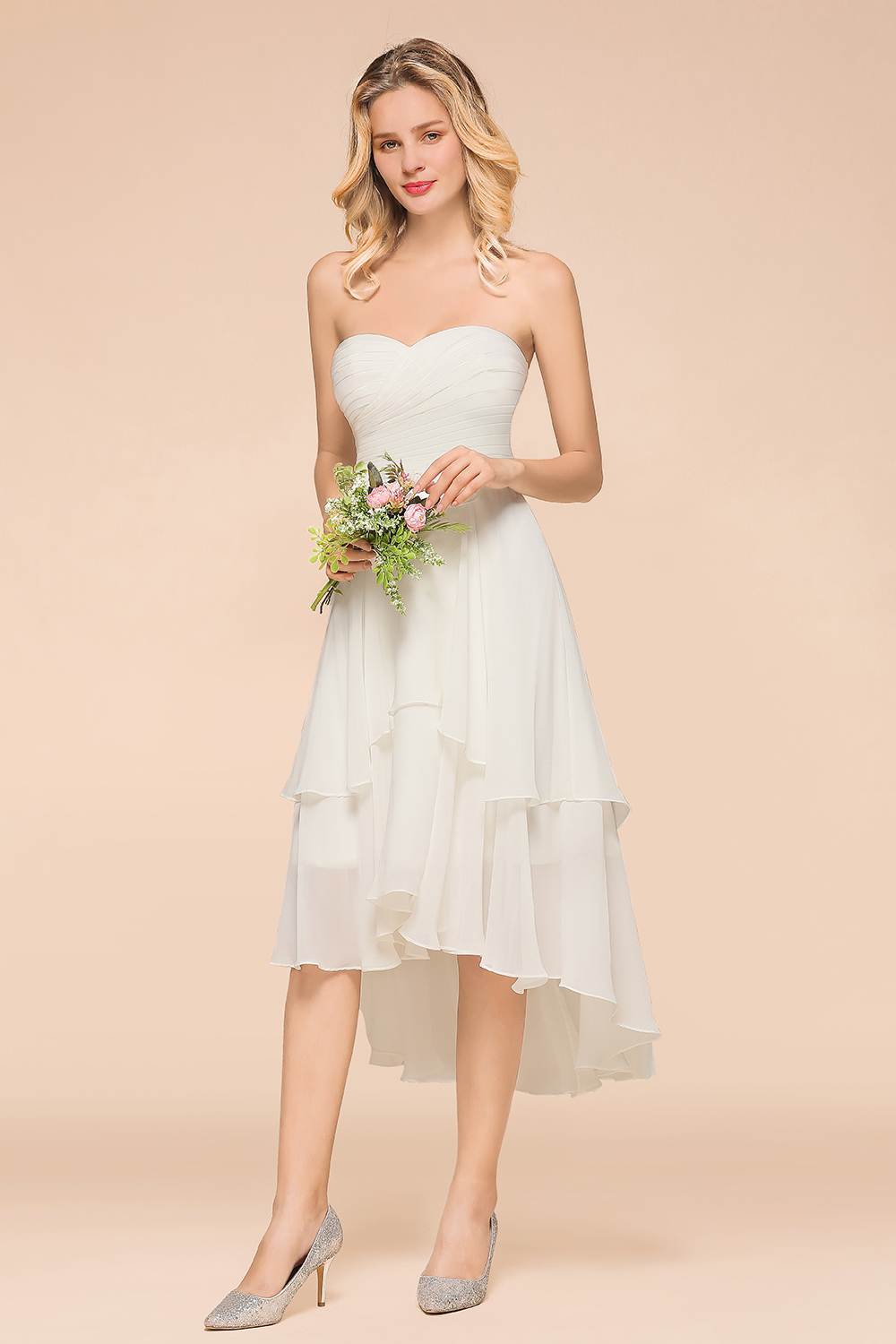 BMbridal Affordable Hi-Lo Layer Ruffle Ivory Short Bridesmaid Dress with Flower-BMbridal