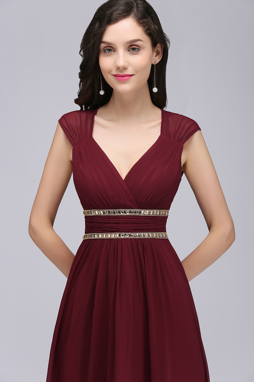 BMbridal Chiffon Burgundy V-Neck Cap Sleeve Bridesmaid Dress with Beadings-BMbridal