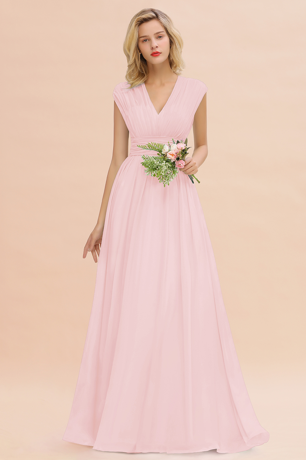BMbridal Elegant Chiffon V-Neck Ruffle Long Bridesmaid Dresses Affordable-BMbridal