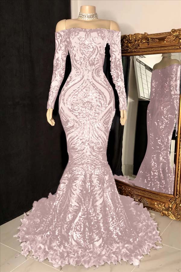 Long Sleeves Strapless Mermaid Prom Dress Sequins Burgundy With Feather