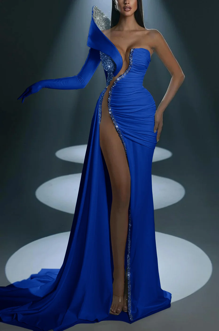 White Prom Dress With Gloves Long Mermaid One Shoulder With High Slit