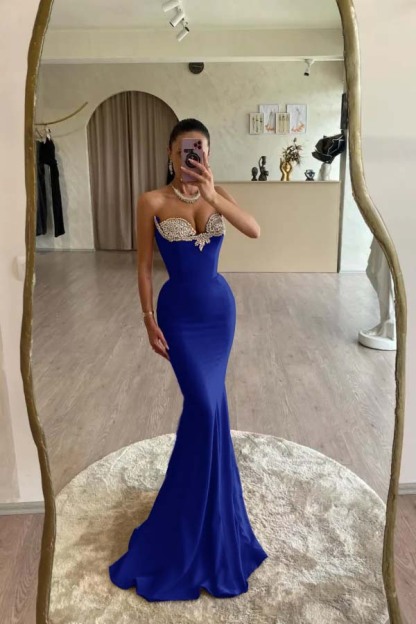 Strapless Sleeveless Long Mermaid Prom Dress With Beading Pleated