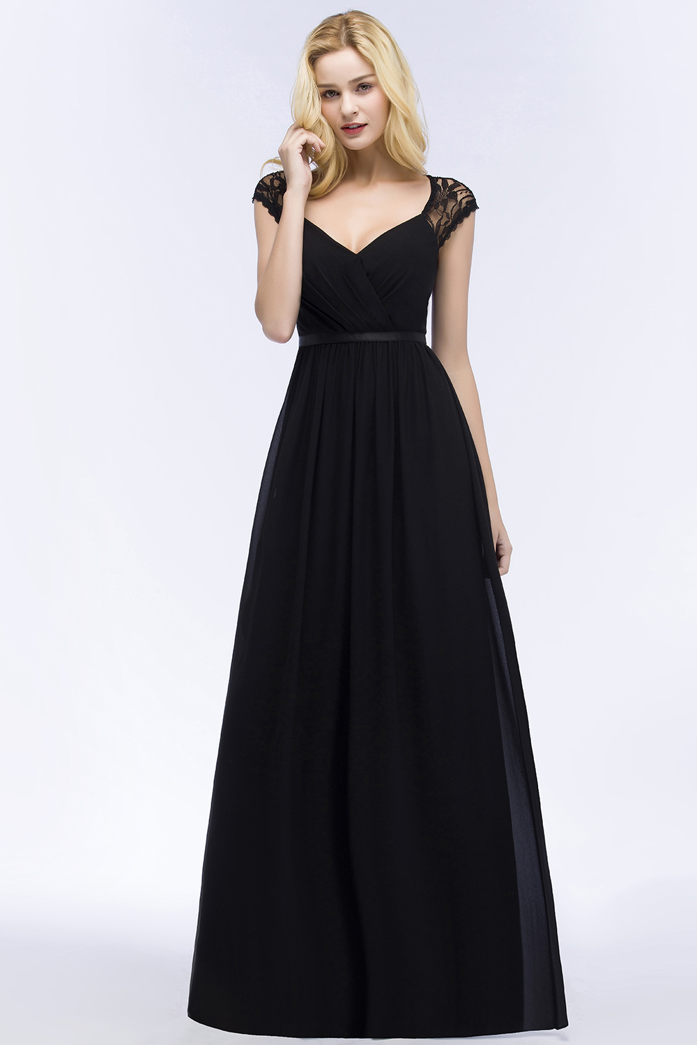 BMbridal Elegant Lace Black V-Neck Sleeveless Bridesmaid Dress with Hollowout Back-BMbridal