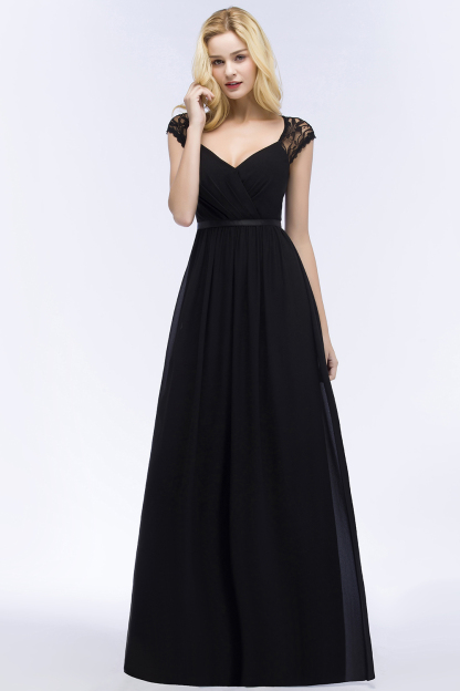BMbridal Elegant Lace Black V-Neck Sleeveless Bridesmaid Dress with Hollowout Back-BMbridal