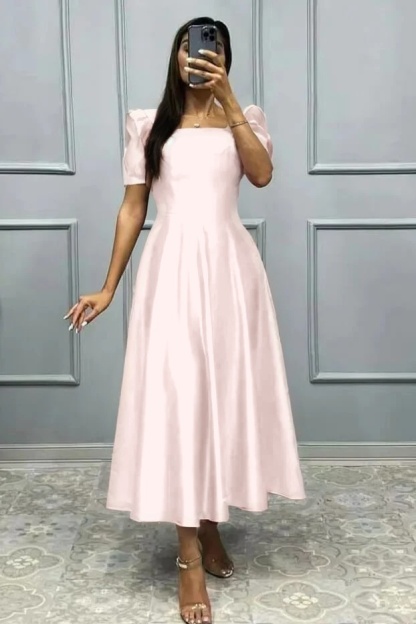 Elegant Square A Line High Waist Pleated Prom Dress With Short Sleeves