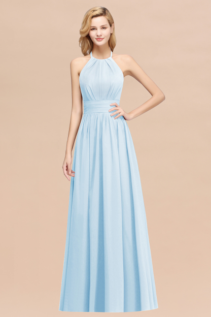 BMbridal Elegant High-Neck Halter Long Affordable Bridesmaid Dresses with Ruffles-BMbridal
