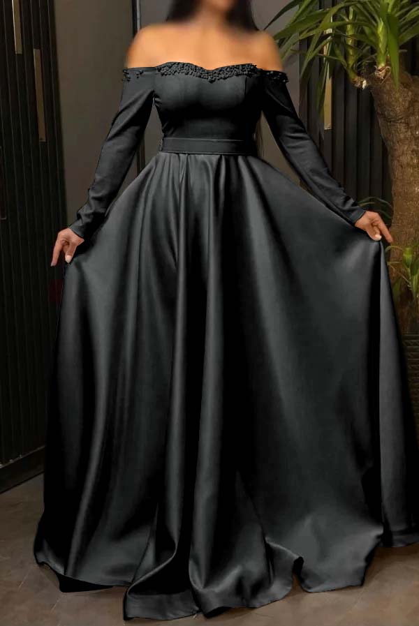 Off the Shoulder Long Sleeves Long Prom Dress With Pleated Beading