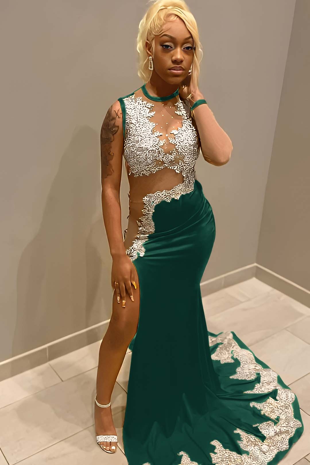 Sleeveless Jewel Neck Long Mermaid Prom Dress With Split Appliques