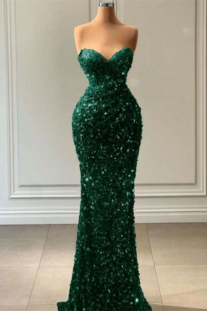 Blue Sleeveless Mermaid Sequins Prom Dress Sweetheart With Pleated