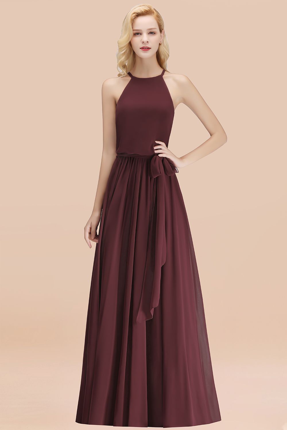 BMbridal Affordable Halter Bow Long Bridesmaid Dress Modest Burgundy Chiffon Wedding Party Dress-BMbridal