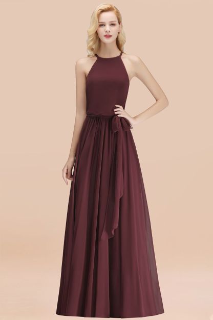 BMbridal Affordable Halter Bow Long Bridesmaid Dress Modest Burgundy Chiffon Wedding Party Dress-BMbridal