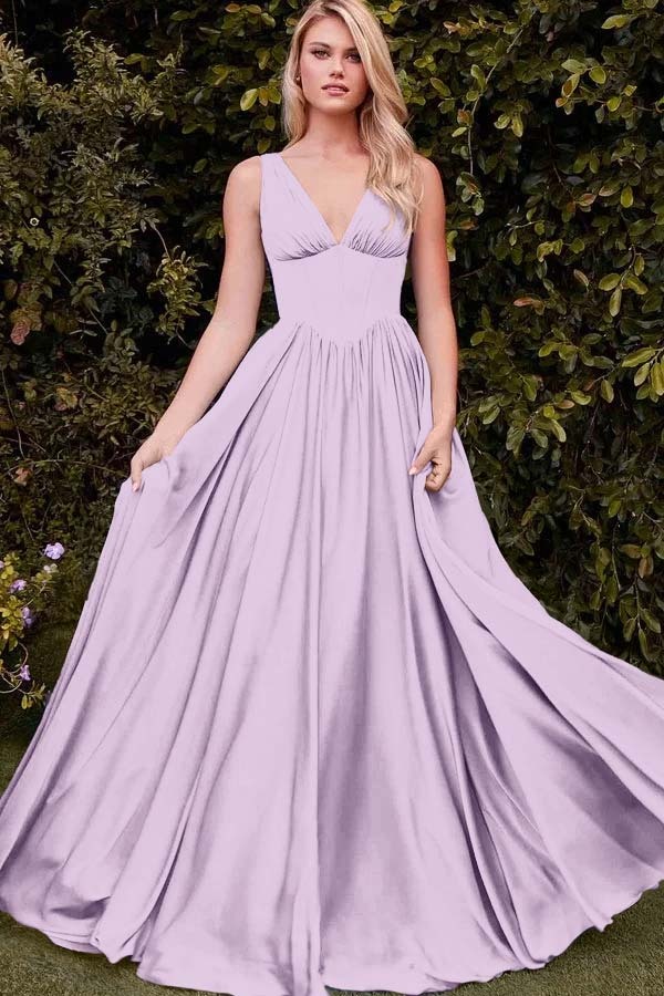 Straps V Neck Sleeveless Long A Line Prom Dress With Pleated