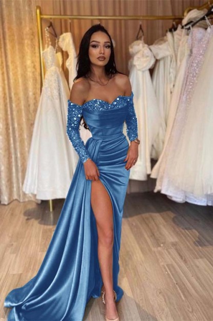 Off the Shoulder Long Sleeves Long Mermaid Prom Dress With Pleated