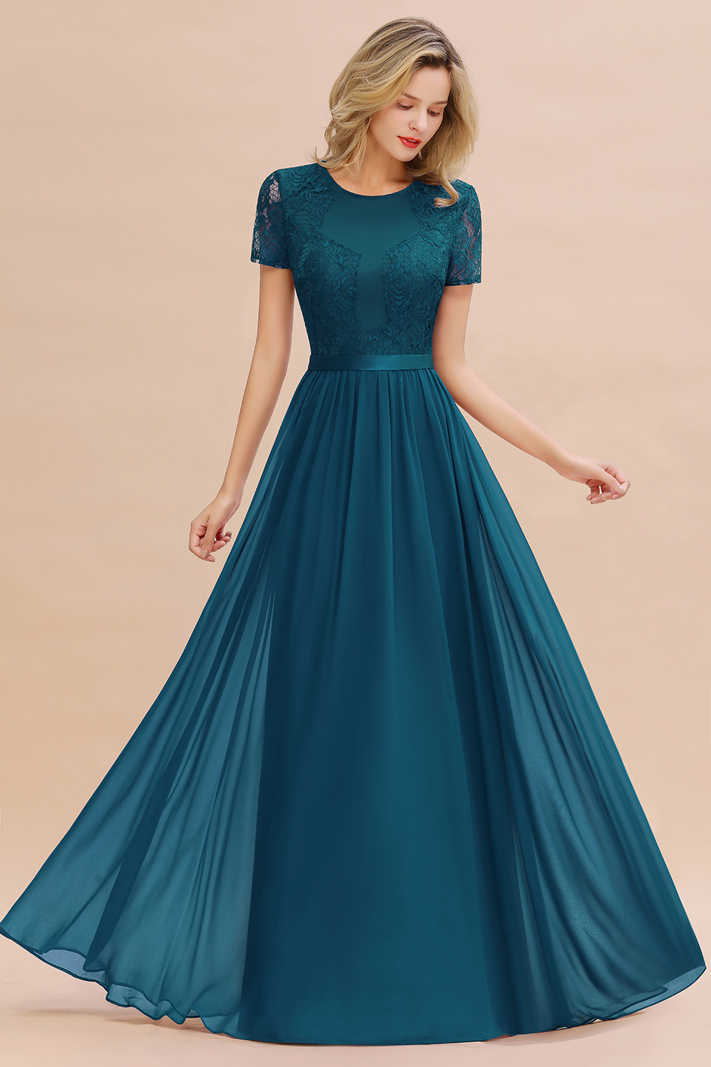 BMbridal Elegant Chiffon Lace Jewel Short-Sleeves Affordable Bridesmaid Dress-BMbridal