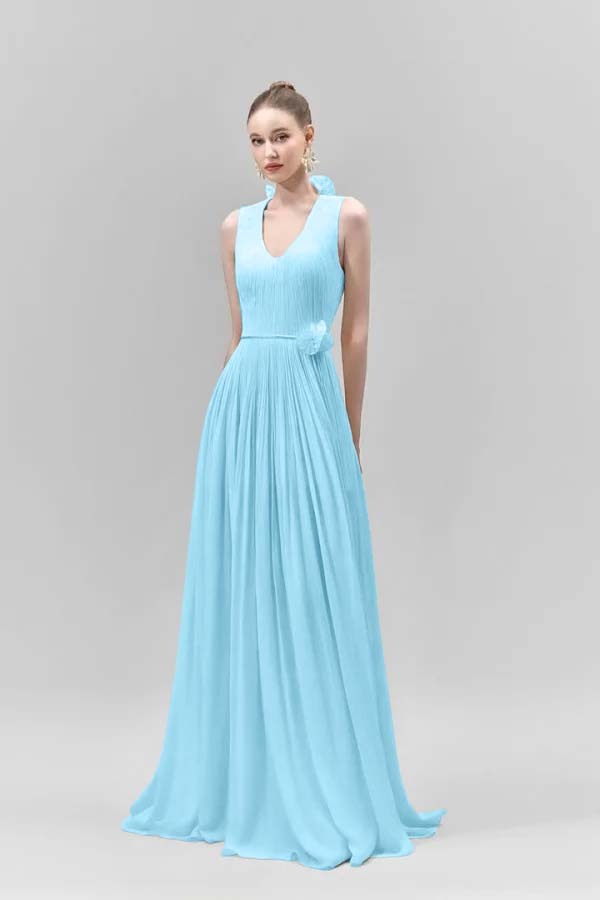 Chic Sleeveless Straps V Neck Long Prom Dress With Pleated Belt