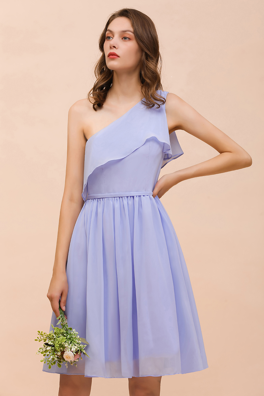 BMbridal Affordable One Shoulder Ruffle Lavender Chiffon Short Bridesmaid Dress-BMbridal