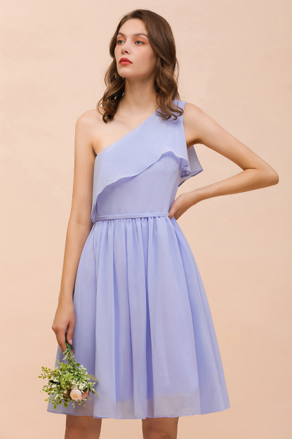 BMbridal Affordable One Shoulder Ruffle Lavender Chiffon Short Bridesmaid Dress-BMbridal