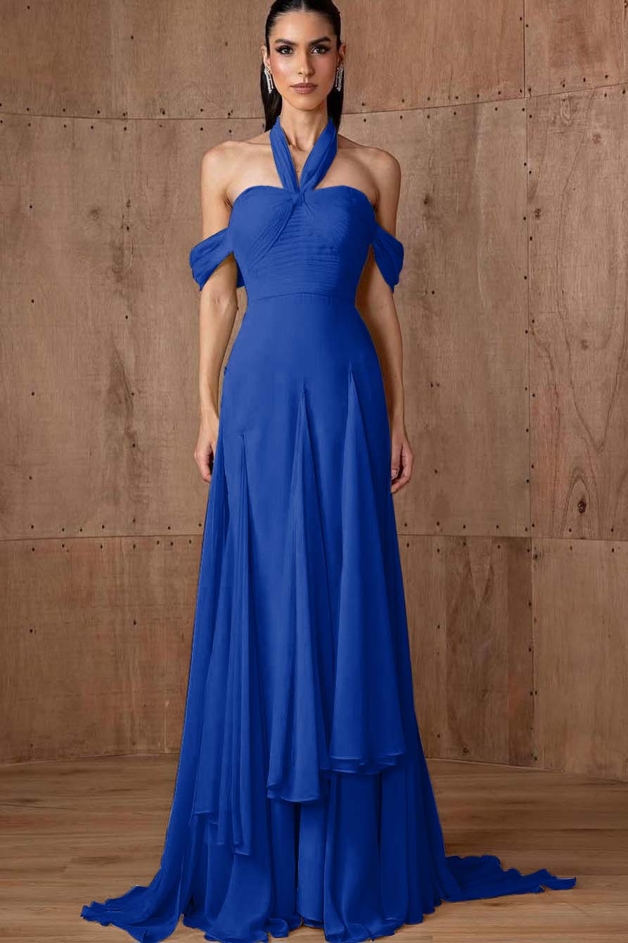 Halter Off the Shoulder Sleeveless Long Prom Dress With Ruffles