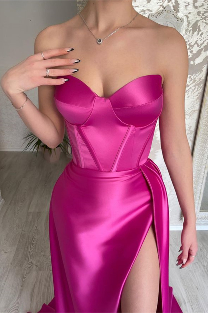 Hot Pink Strapless Sweetheart Sleeveless Mermaid Long Prom Dress With Split