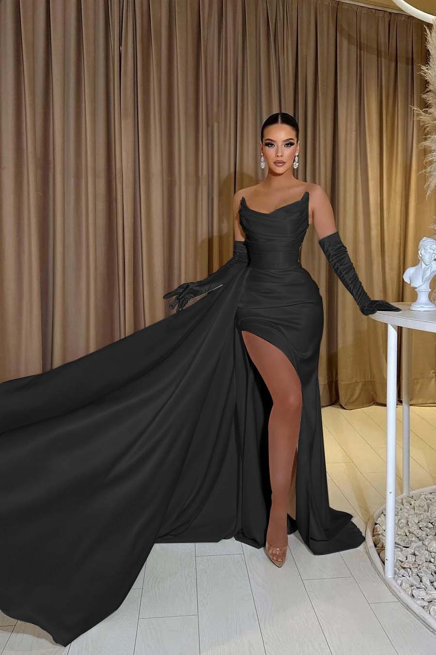 White Chiffon Strapless Sleeveless Split Mermaid Long Prom Dress With Gloves