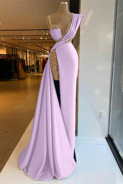 Straps Sleeveless High Split Long Prom Dress With Sequins Ruffles