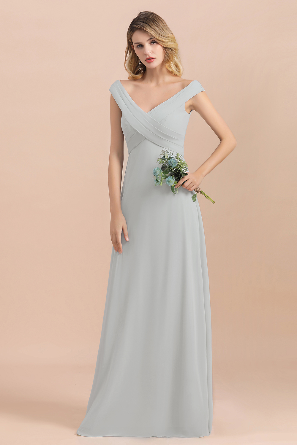 BMbridal Modest Off-the-Shoulder Mist Chiffon Bridesmaid Dresses with Pleats-BMbridal