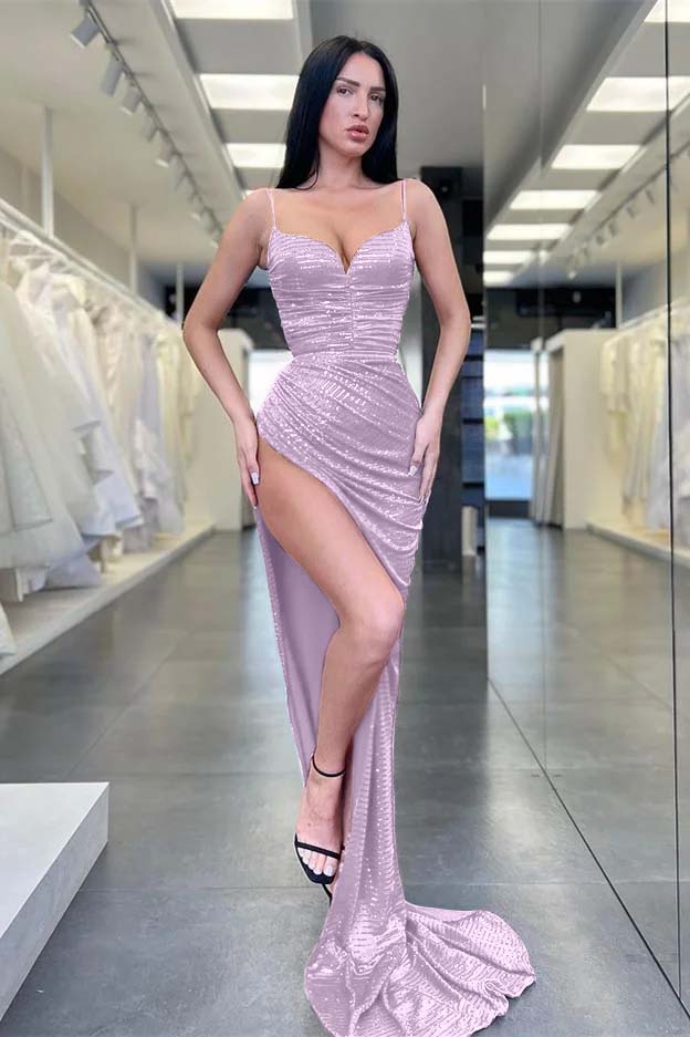 Burgundy Spaghetti Strap Sequins Sleeveless Mermaid Prom Dress With Split