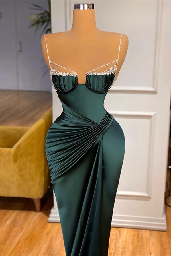 Mermaid Dark Green Spaghetti Strap Sleeveless Long Prom Dress With Beadings