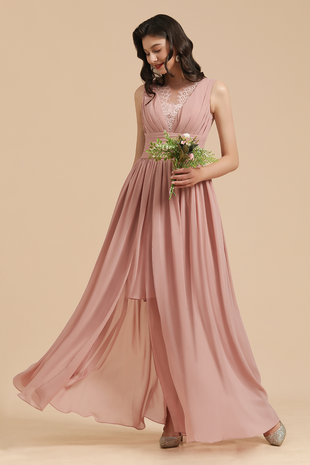 BMbridal Dusty Rose Chiffon V-Neck Bridesmaid Dress Long-BMbridal