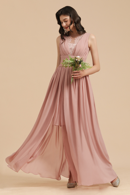 BMbridal Dusty Rose Chiffon V-Neck Bridesmaid Dress Long-BMbridal