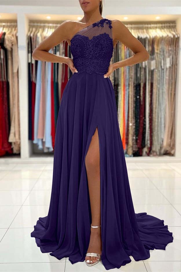 Glamorous One Shoulder Sleeveless Lace Appliques Prom Dress With Front Split