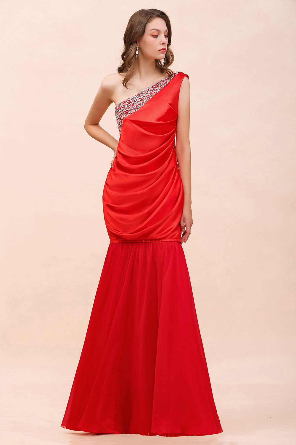 BMbridal Chic One Shoulder Beading Ruffle Red Bridesmaid Dress with Detachable Skirt-BMbridal
