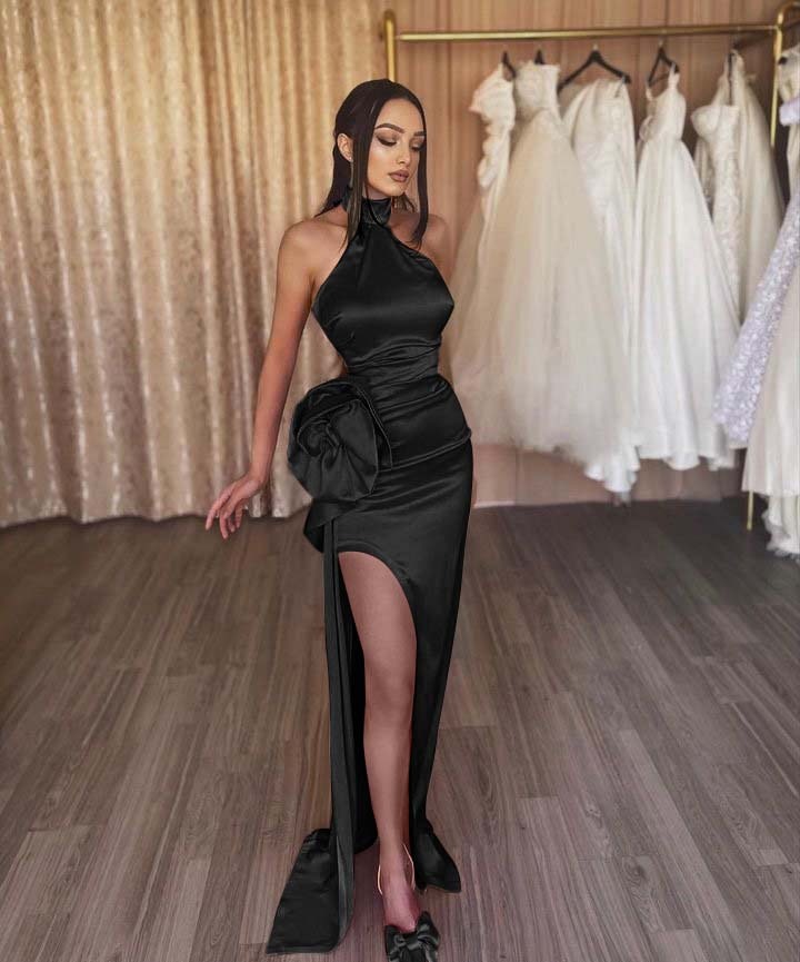 Orange Flower Halter Sleeveless High Split Prom Dress With Pleated