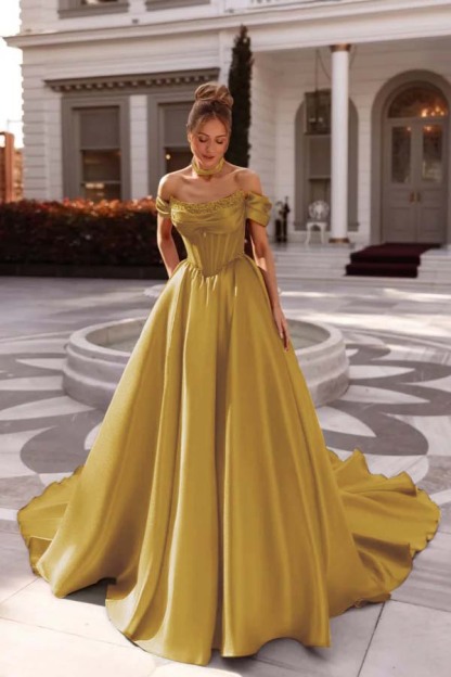 Off the Shoulder Sleeveless Long Prom Dress With Pleated Beading