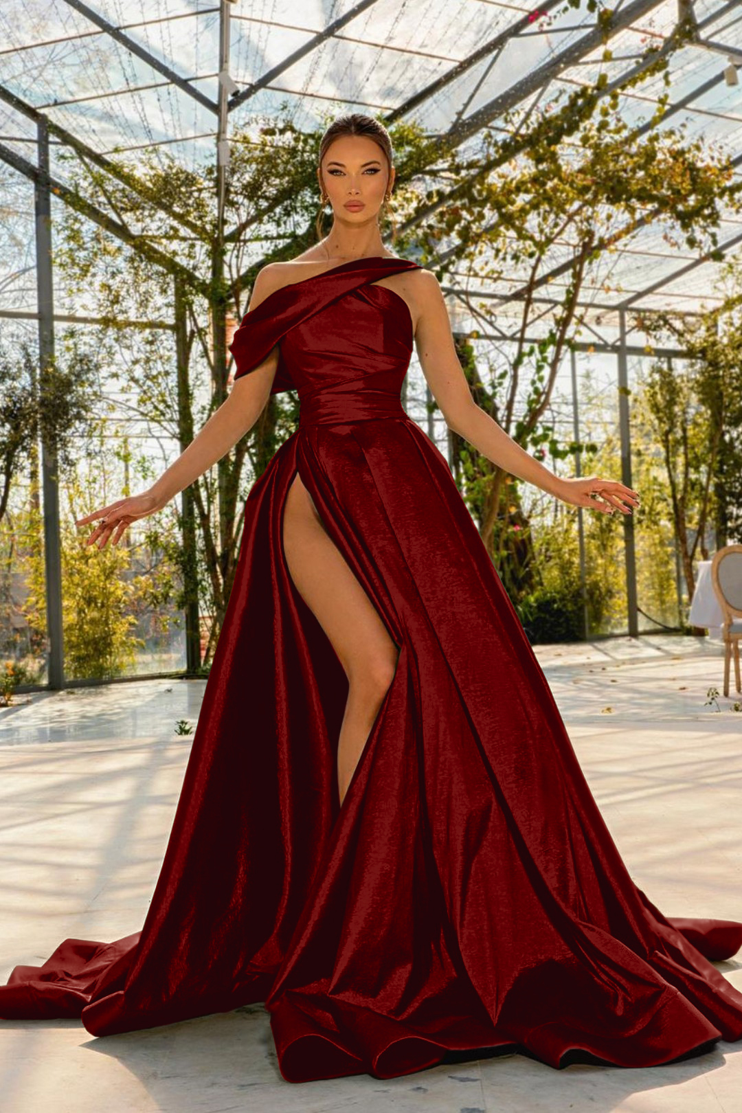 Green Sleeveless Prom Dress One Shoulder Satin With High Split