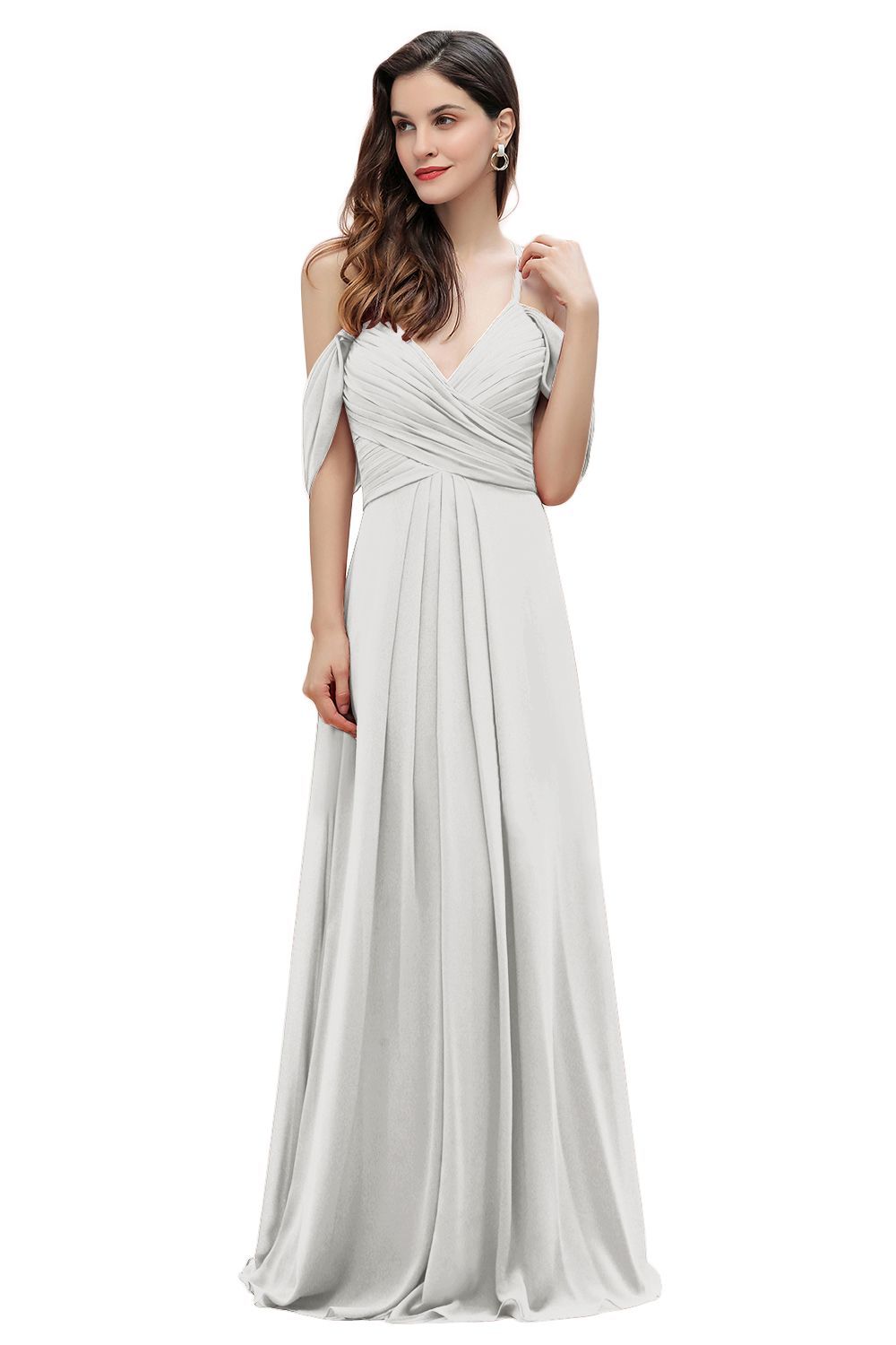 Elegant A-line Off-the-Shoulder V-neck Ruched Long Bridesmaid Dress-BMbridal