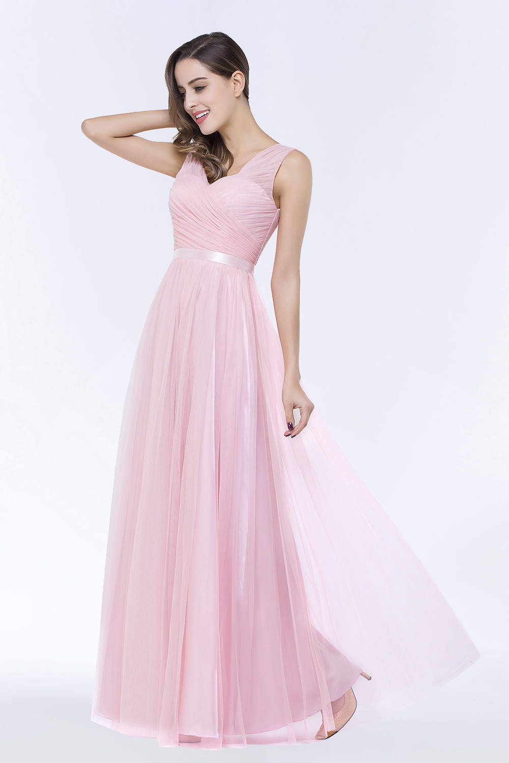 BMbridal Elegant Tulle V-Neck Sleeveless Ruffle Long Bridesmaid Dress with Sash-BMbridal