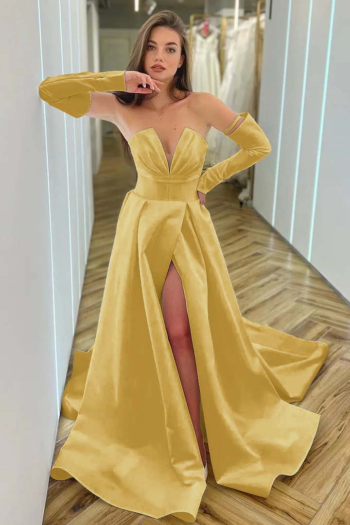 Chic White A Line V Neck Long Sleeves High Waist Long Prom Dress With Split