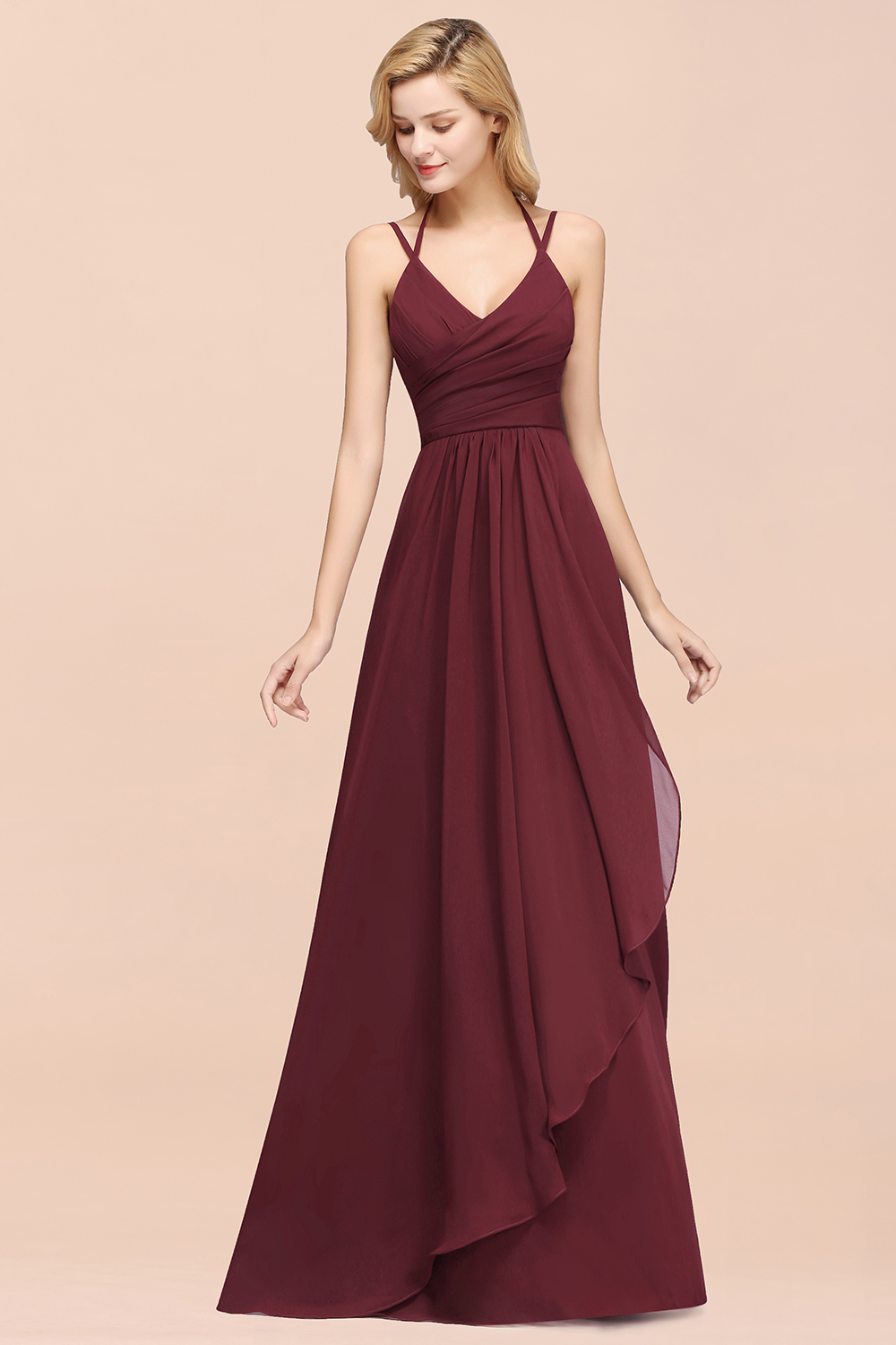 BMbridal Affordable Chiffon Burgundy Bridesmaid Dress With Spaghetti Straps-BMbridal