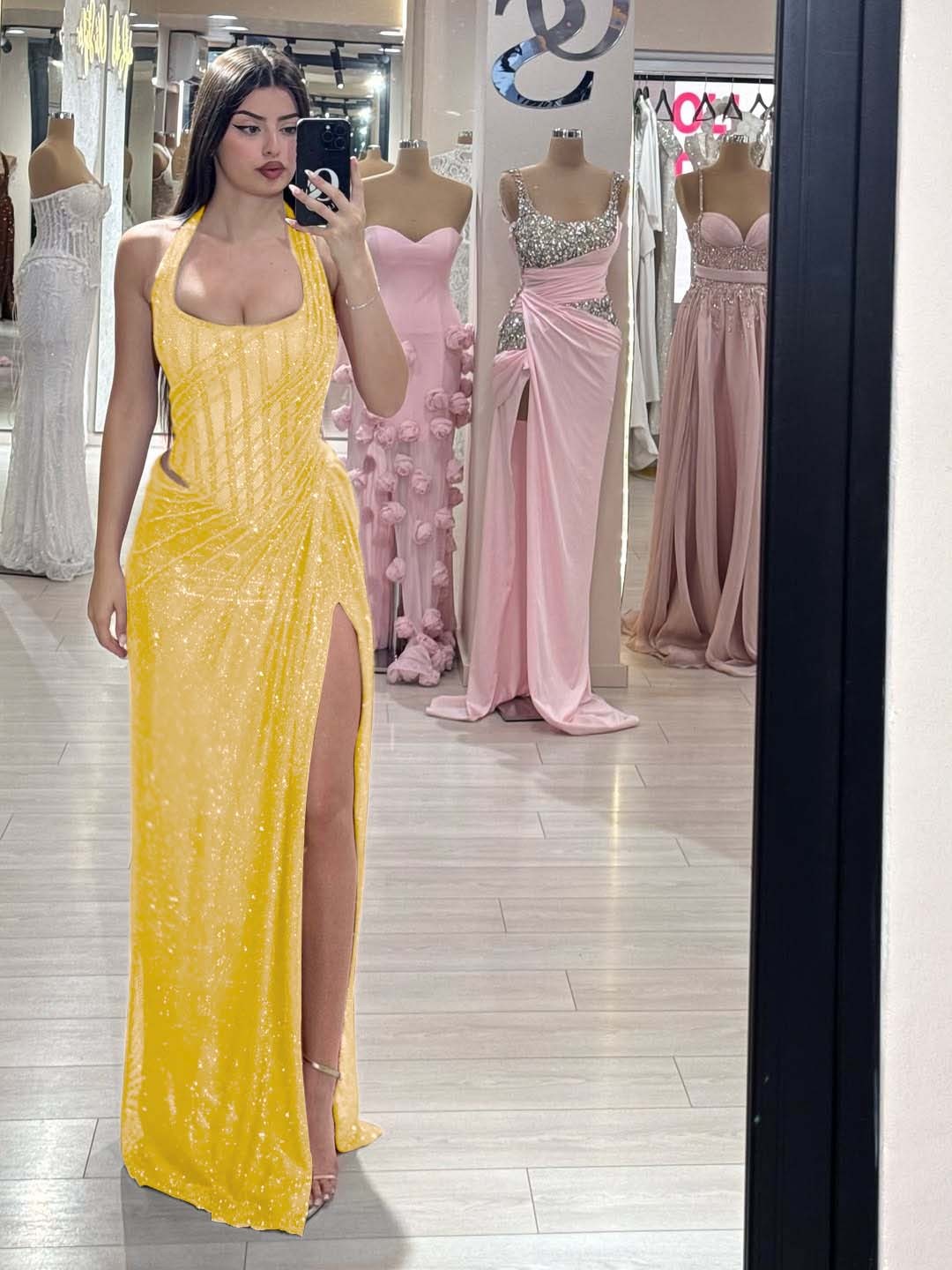 Sequins Halter Sleeveless Long Mermaid Prom Dress With Split