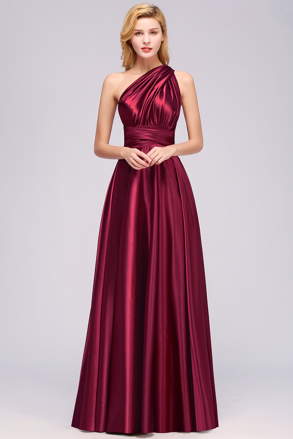 BMbridal Chic Burgundy Satin Long Bridesmaid Dresses With One Shoulder-BMbridal