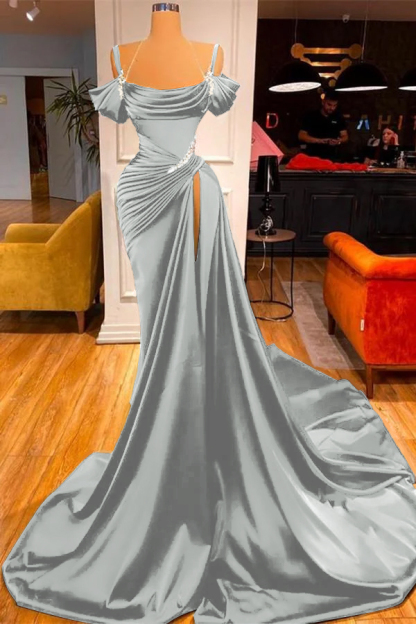 Green Chic Off the Shoulder Beadings Pleated Prom Dress Long With High Split