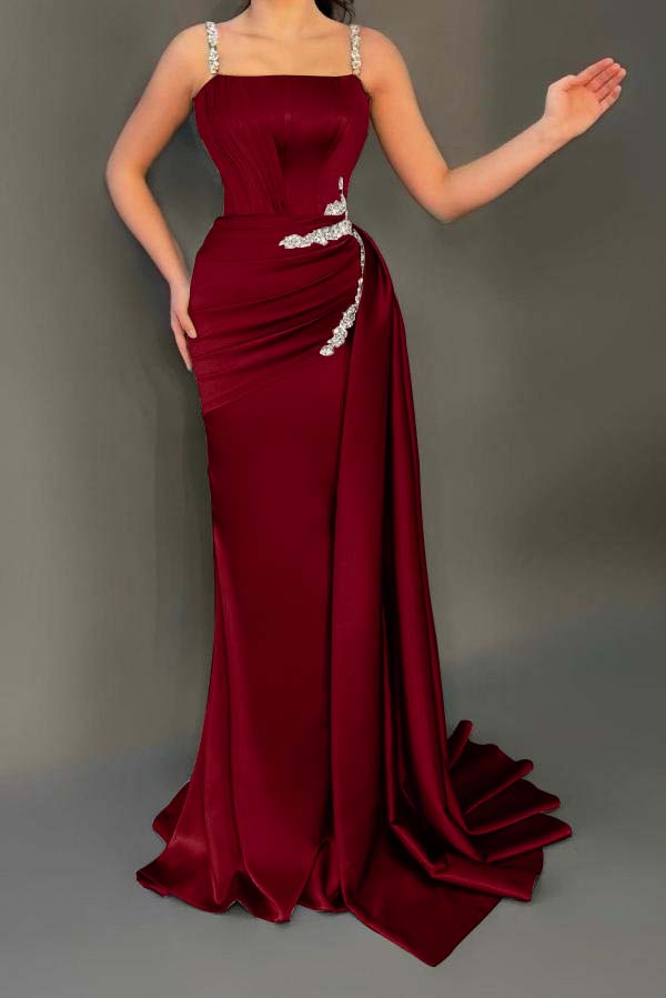 Spaghetti Strap Sleeveless Long Mermaid Prom Dress With Pleated Beading