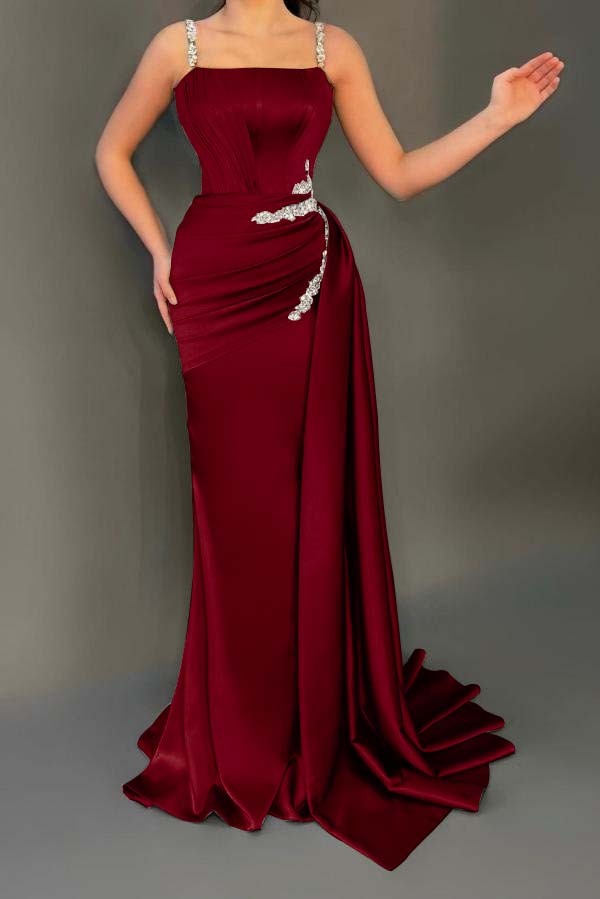 Spaghetti Strap Sleeveless Long Mermaid Prom Dress With Pleated Beading