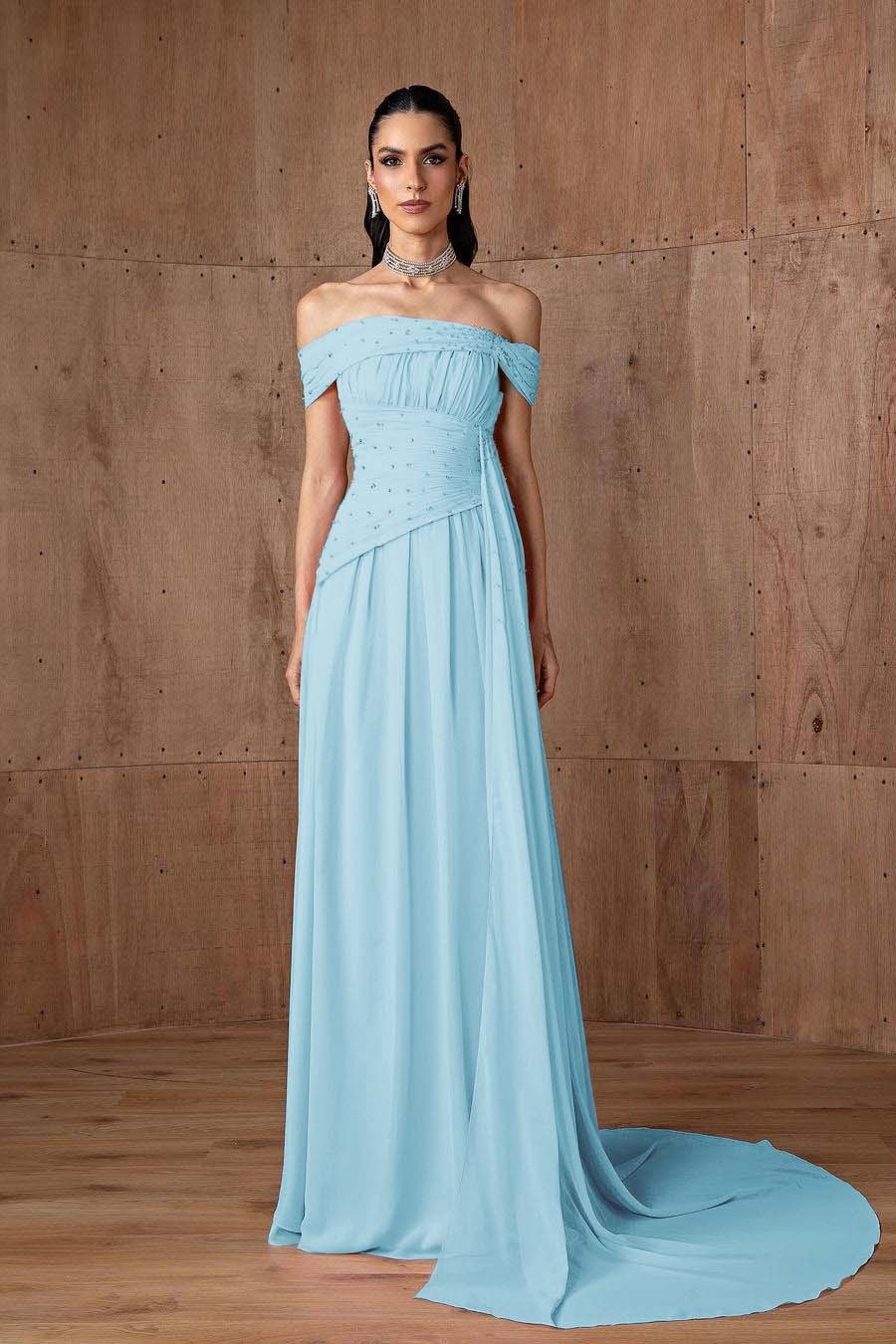Off the Shoulder Sleeveless Strapless Ruffles Long Prom Dress With Beading