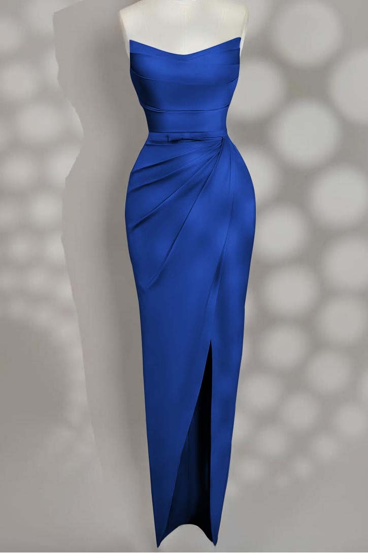 Strapless Sleeveless Long Split Prom Dress With Pleated Bowknot