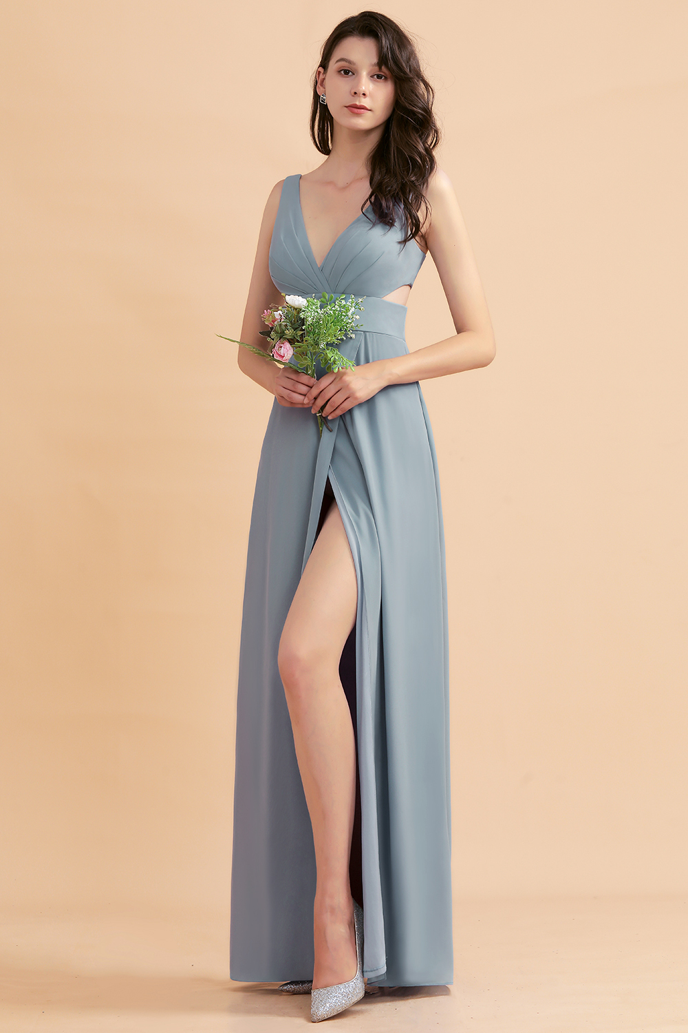 BMbridal A-Line Dusty Blue Chiffon Ruffles Bridesmaid Dress with Slit-BMbridal