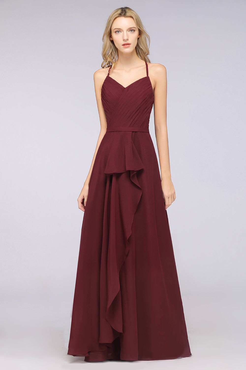 BMbridal Affordable Chiffon Halter V-Neck Ruffle Burgundy Bridesmaid Dresses-BMbridal